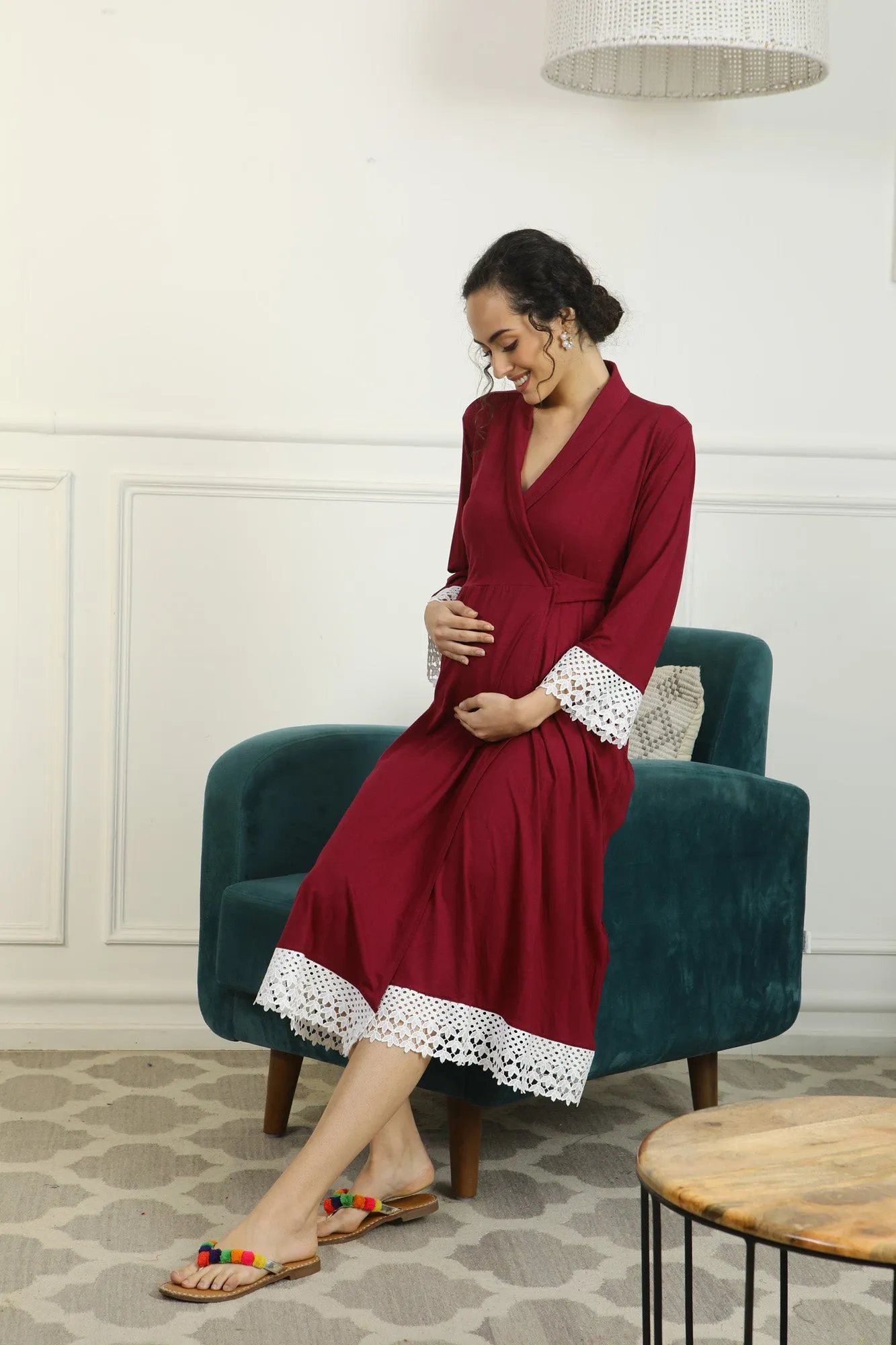 Vibrant Mulberry Lycra Maternity & Nursing Wrap Nightwear Dress + Matching Baby Swaddle Set Of 2