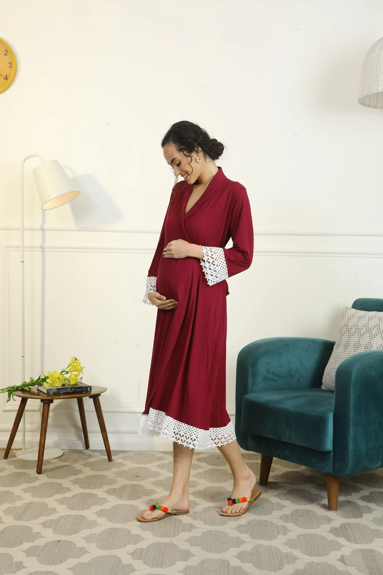 Vibrant Mulberry Lycra Maternity & Nursing Wrap Nightwear Dress + Matching Baby Swaddle Set Of 2