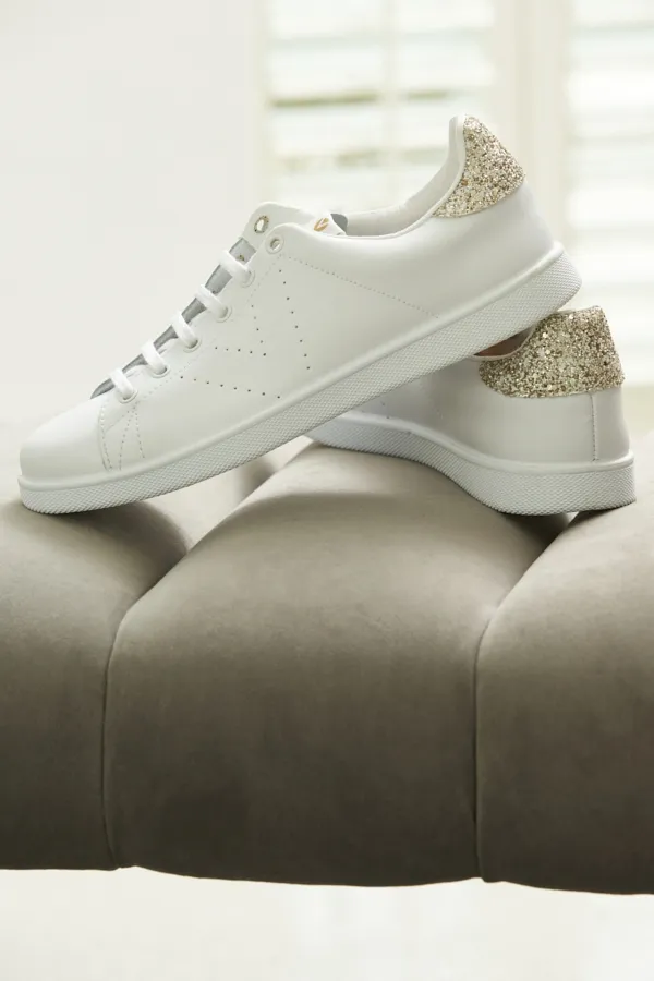 Victoria Cava Gold Glitter Back White Leather Trainers