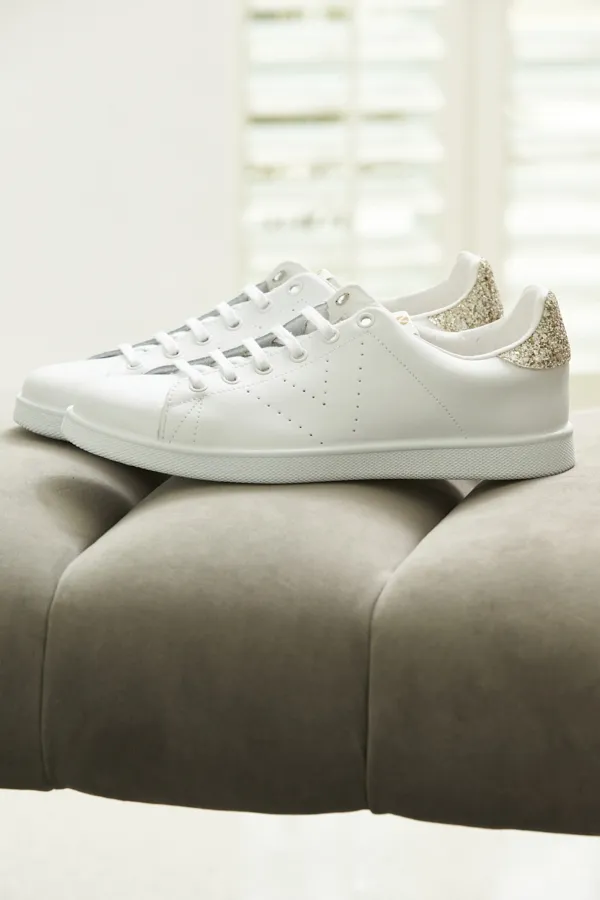 Victoria Cava Gold Glitter Back White Leather Trainers