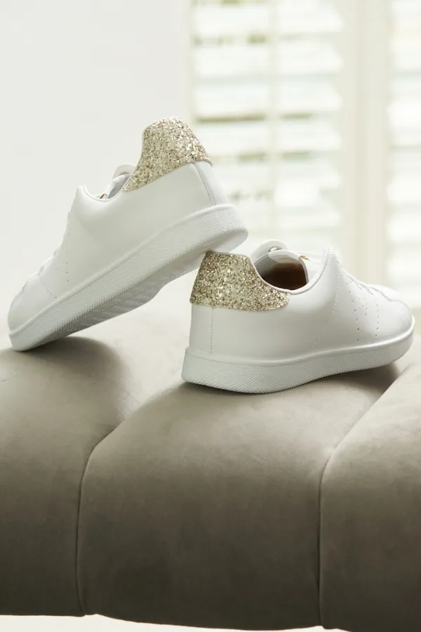 Victoria Cava Gold Glitter Back White Leather Trainers