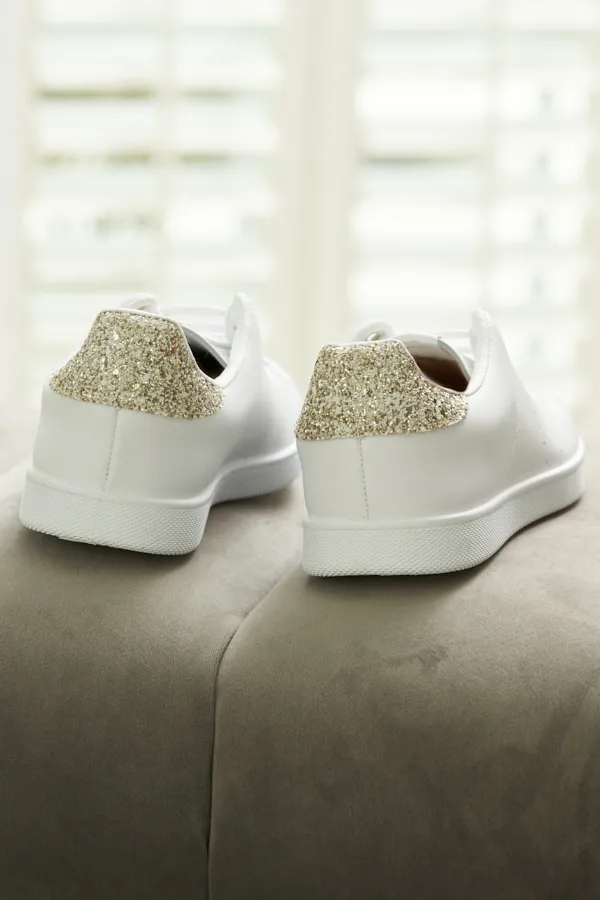 Victoria Cava Gold Glitter Back White Leather Trainers