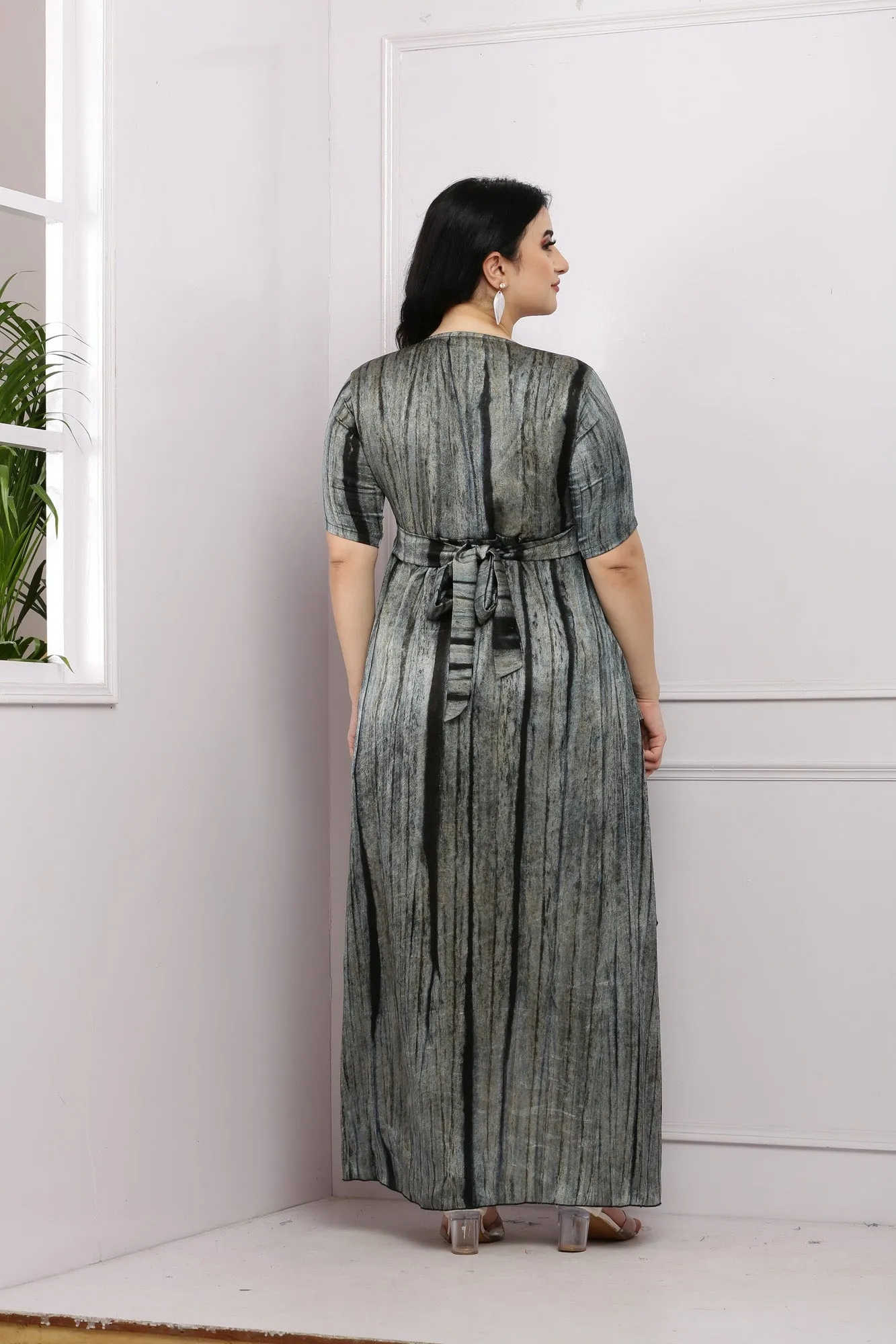 Vintage Smokey Grey Wrap Maternity& Nursing Layered Satin Dress