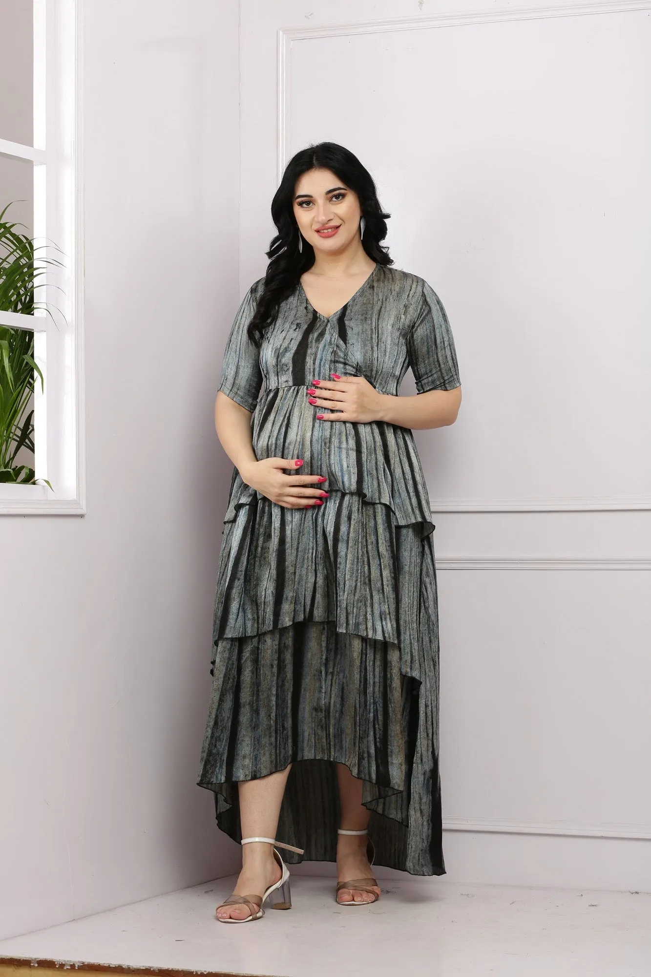 Vintage Smokey Grey Wrap Maternity& Nursing Layered Satin Dress