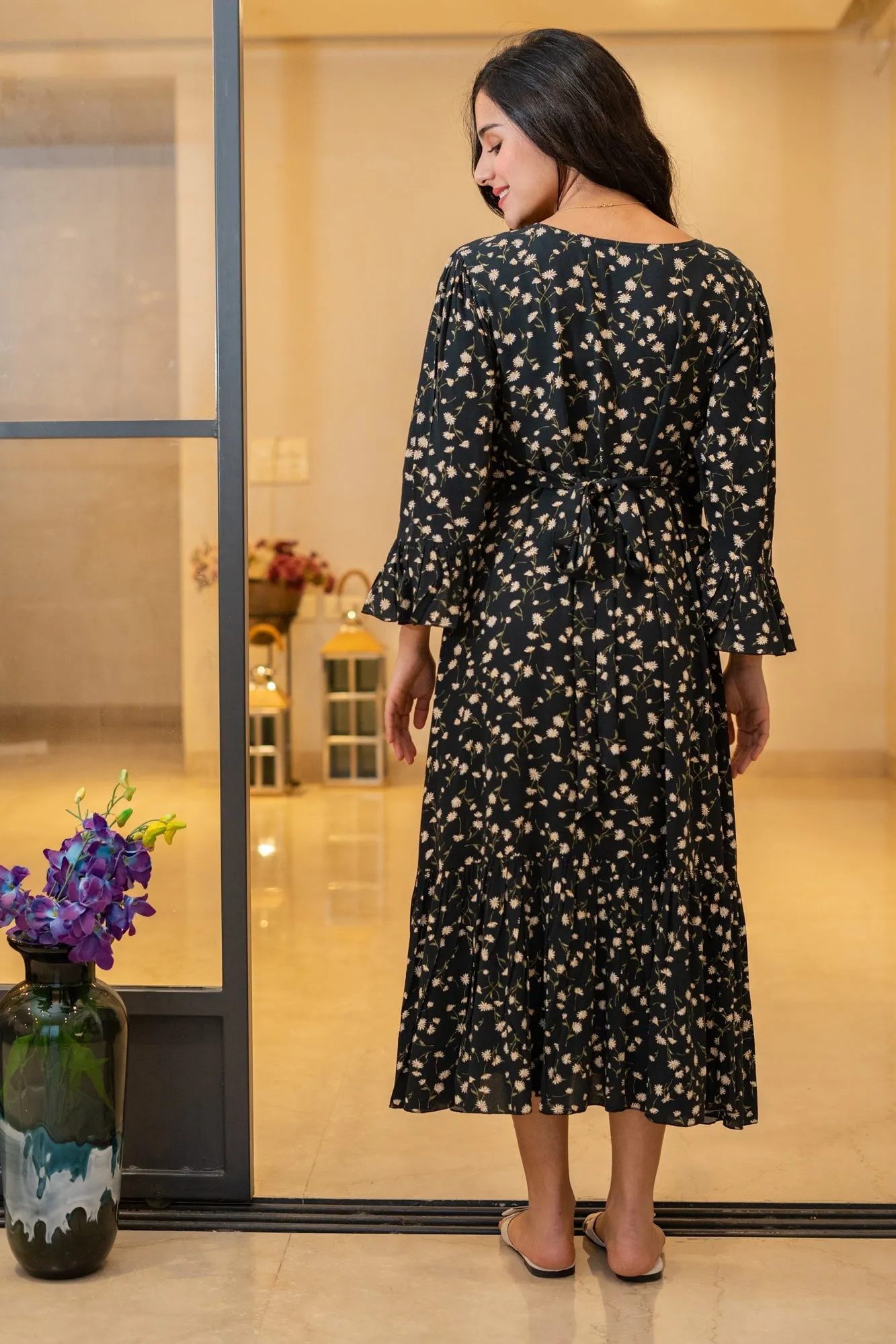 Vivacious Rich Black Floral Maternity & Nursing Midi Wrap Dress