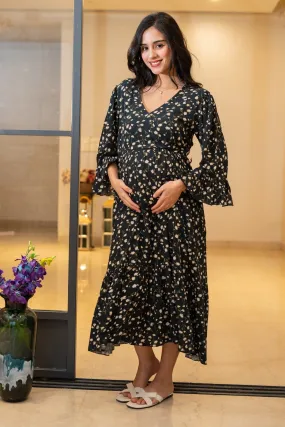 Vivacious Rich Black Floral Maternity & Nursing Midi Wrap Dress