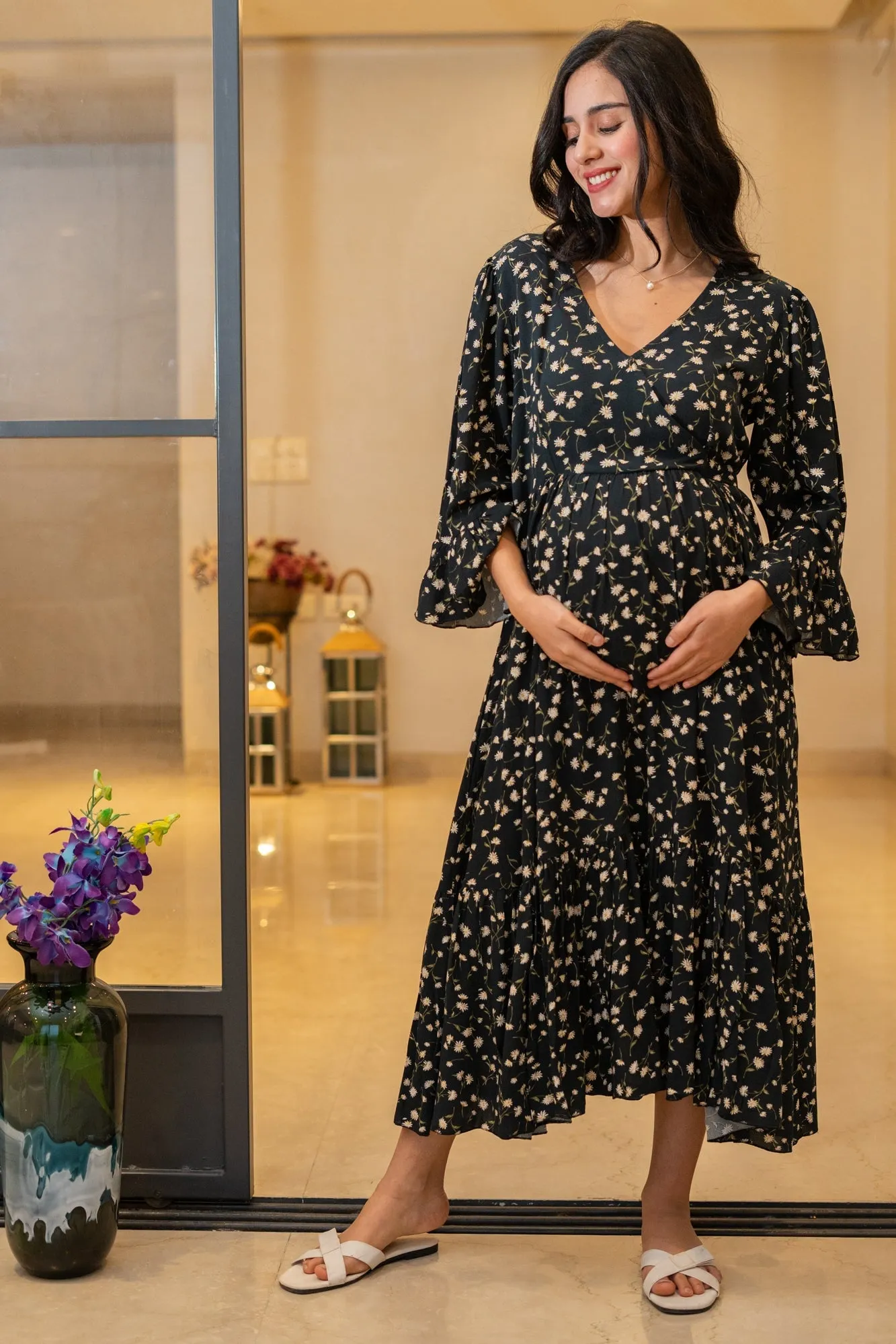 Vivacious Rich Black Floral Maternity & Nursing Midi Wrap Dress