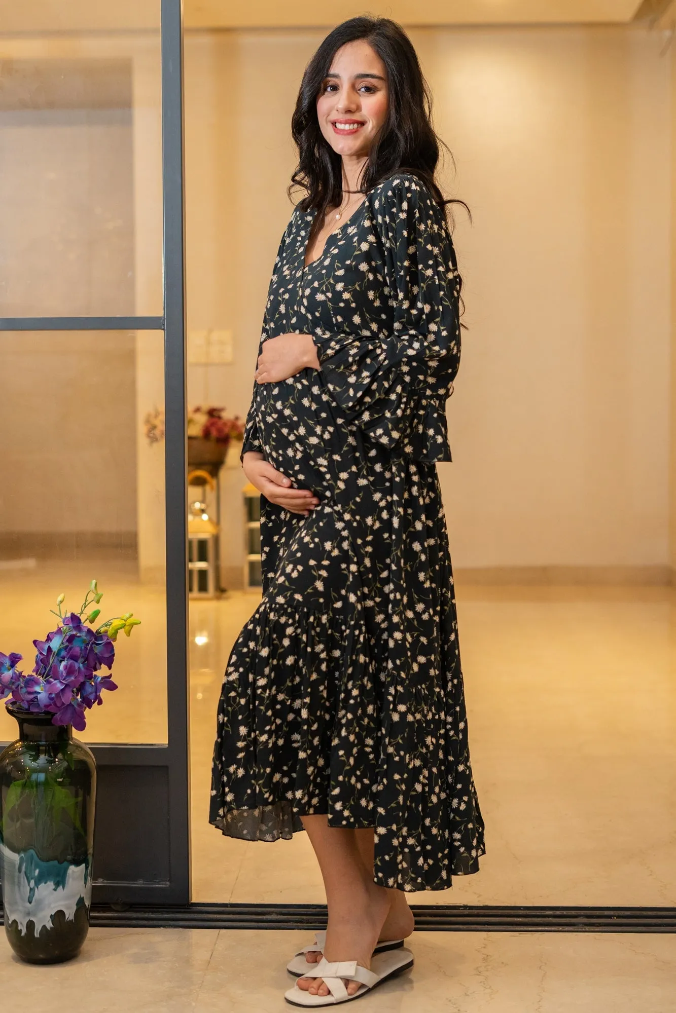 Vivacious Rich Black Floral Maternity & Nursing Midi Wrap Dress