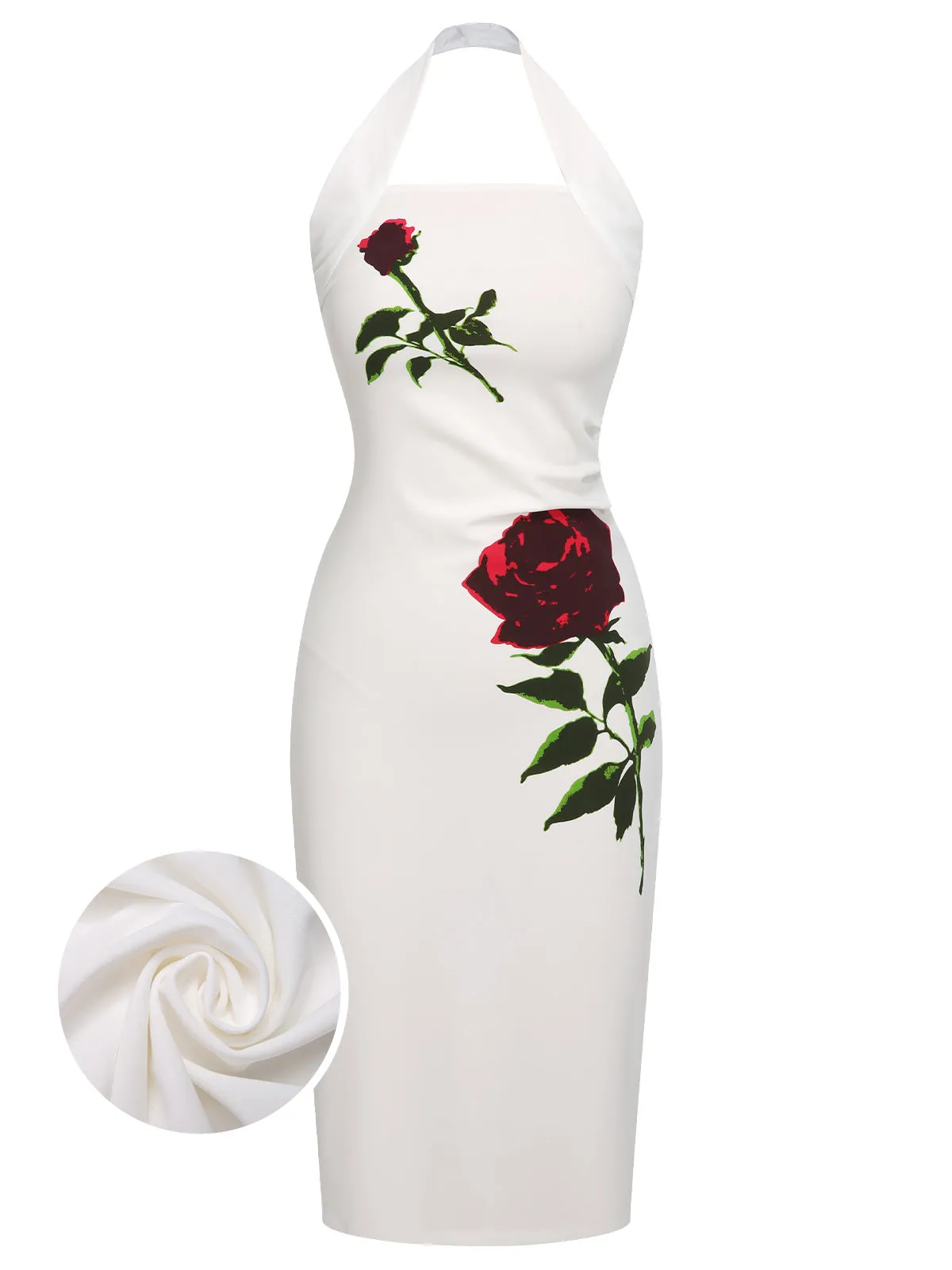 White 1960s Halter Rose Wrap Dress