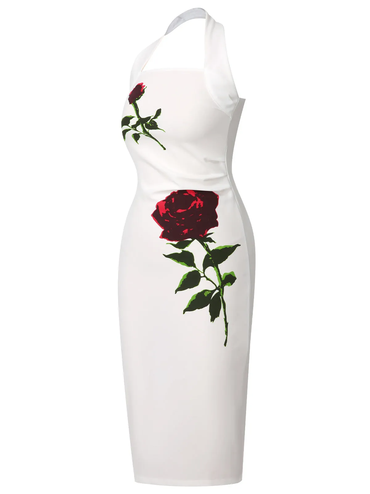 White 1960s Halter Rose Wrap Dress