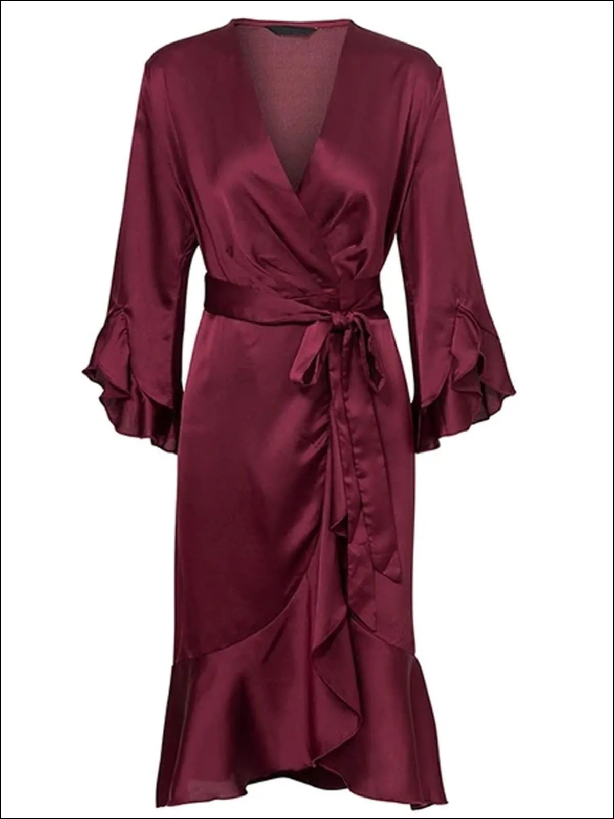 Women's Satin Flare Ruffled Sleeve Sash Wrap Dress