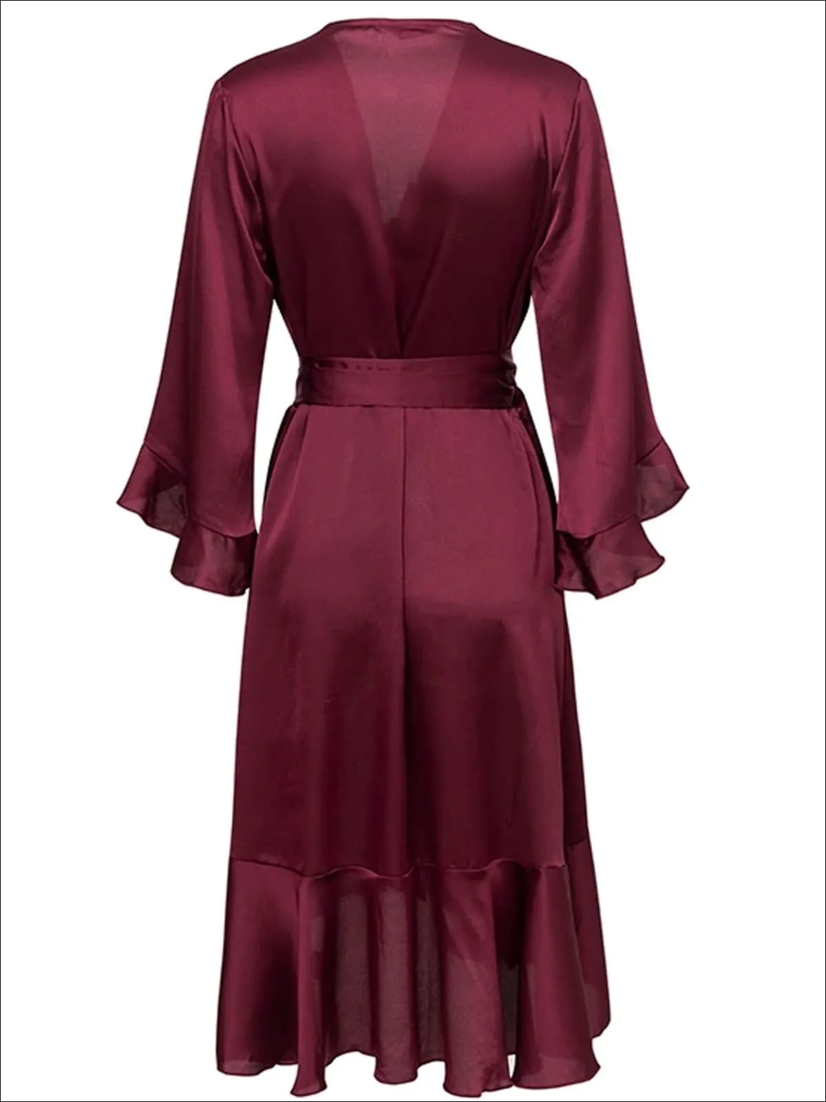 Women's Satin Flare Ruffled Sleeve Sash Wrap Dress