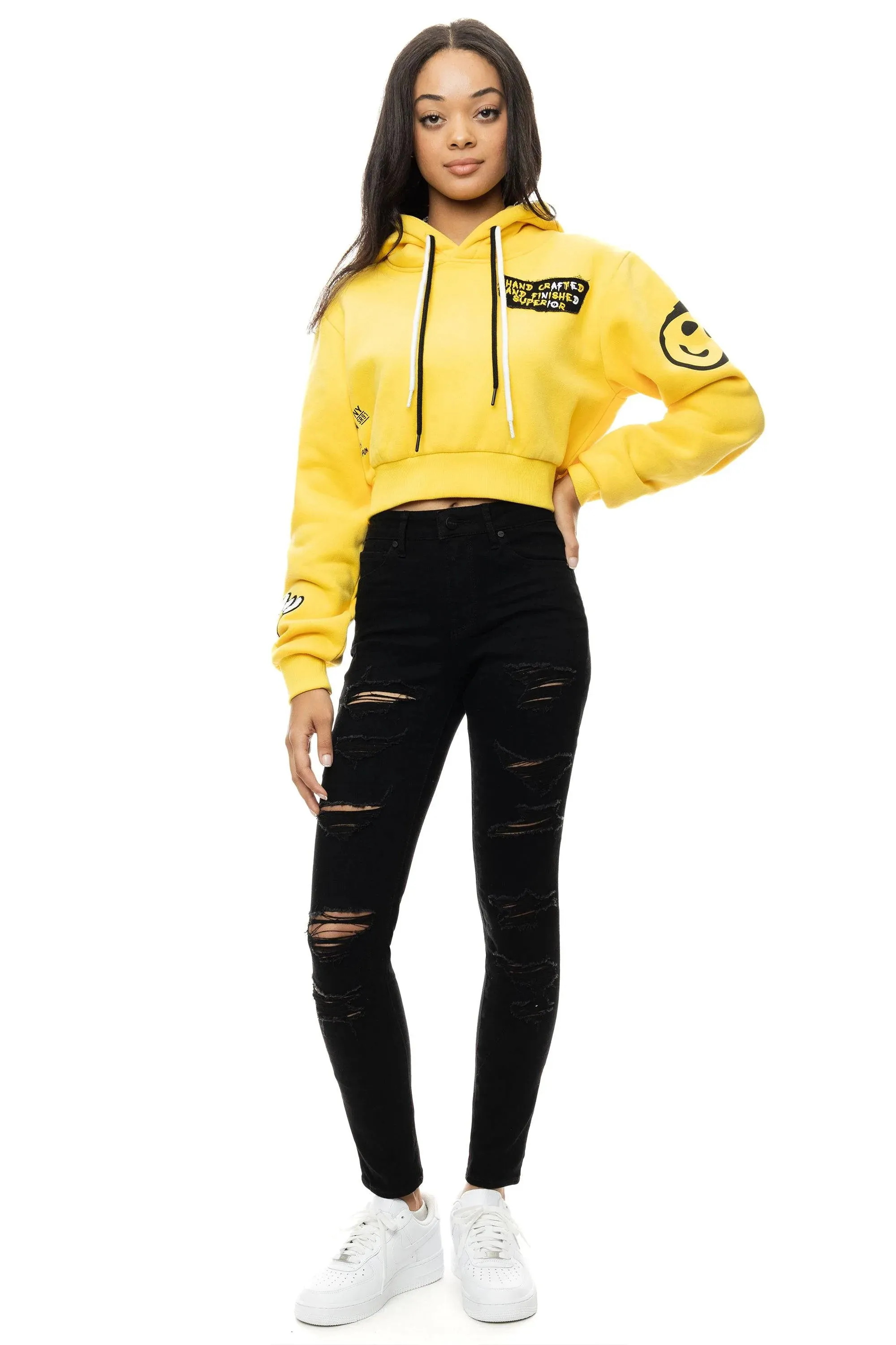 Women's Smoke Rise Red Chenille Patched Fashion Pullover Hoodie Yellow