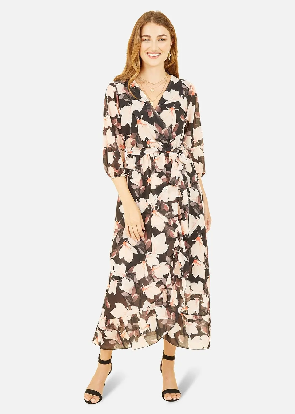 Yumi Black Blossom Wrap Midi Dress