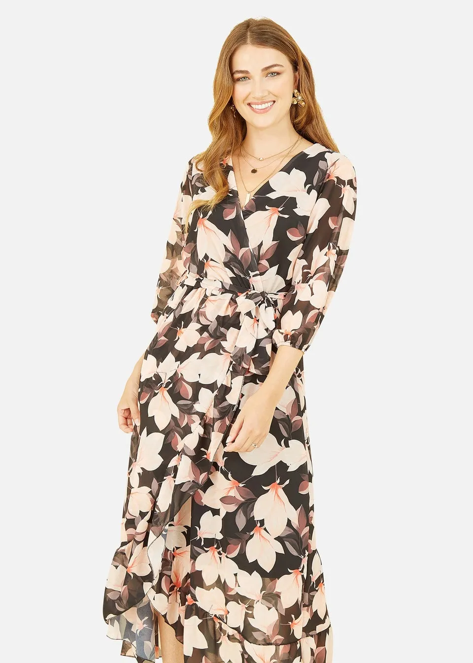 Yumi Black Blossom Wrap Midi Dress