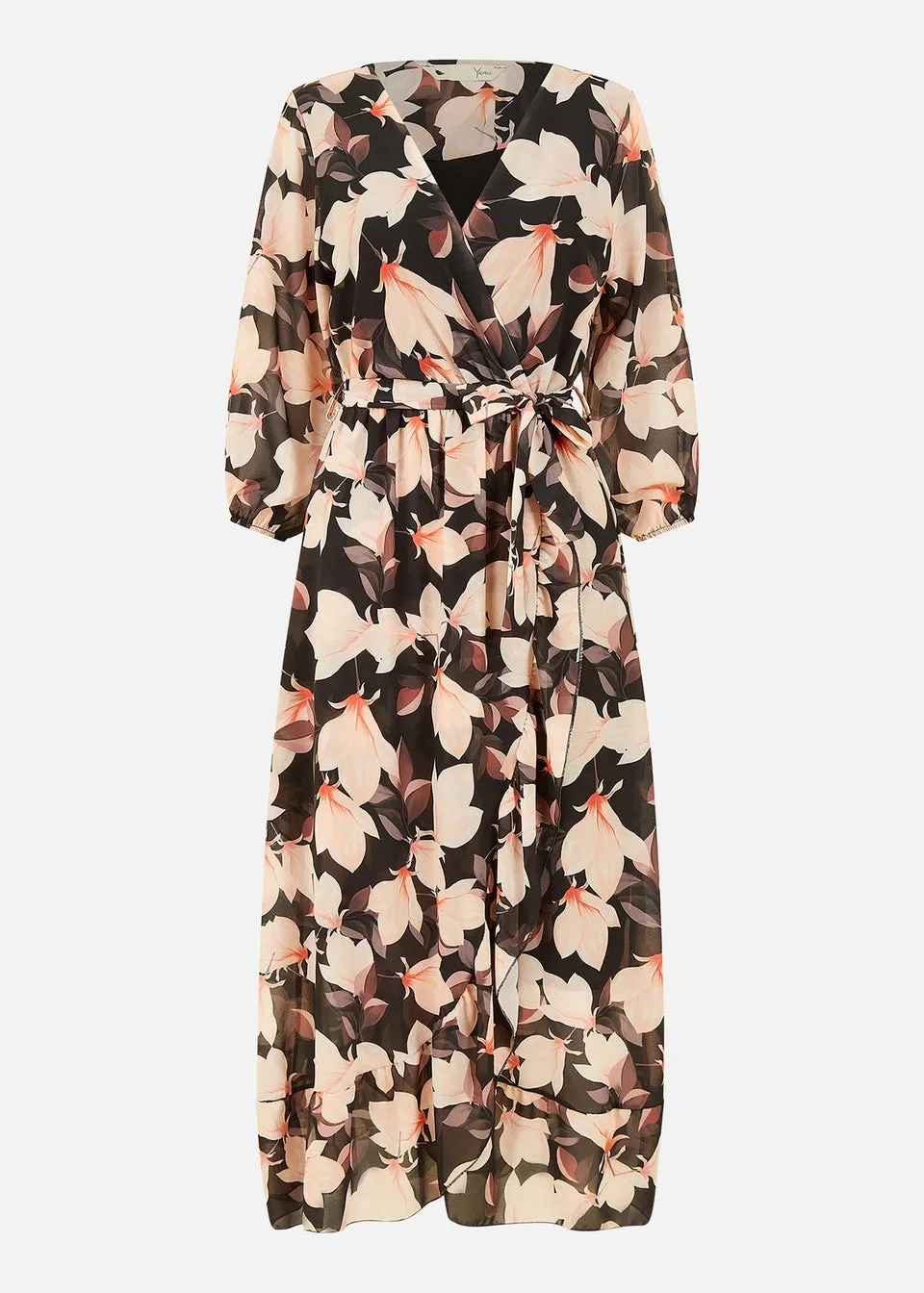 Yumi Black Blossom Wrap Midi Dress