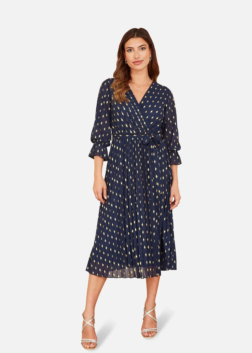 Yumi Foil Printed Pleated Wrap Midi Dress In Navy