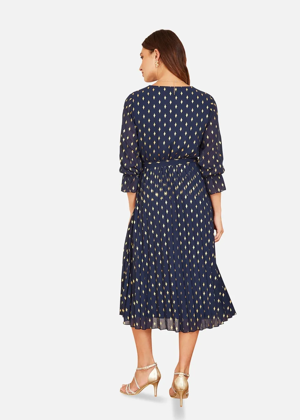 Yumi Foil Printed Pleated Wrap Midi Dress In Navy