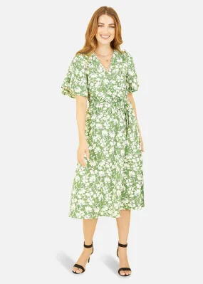 Yumi Green Floral Wrap Midi Dress