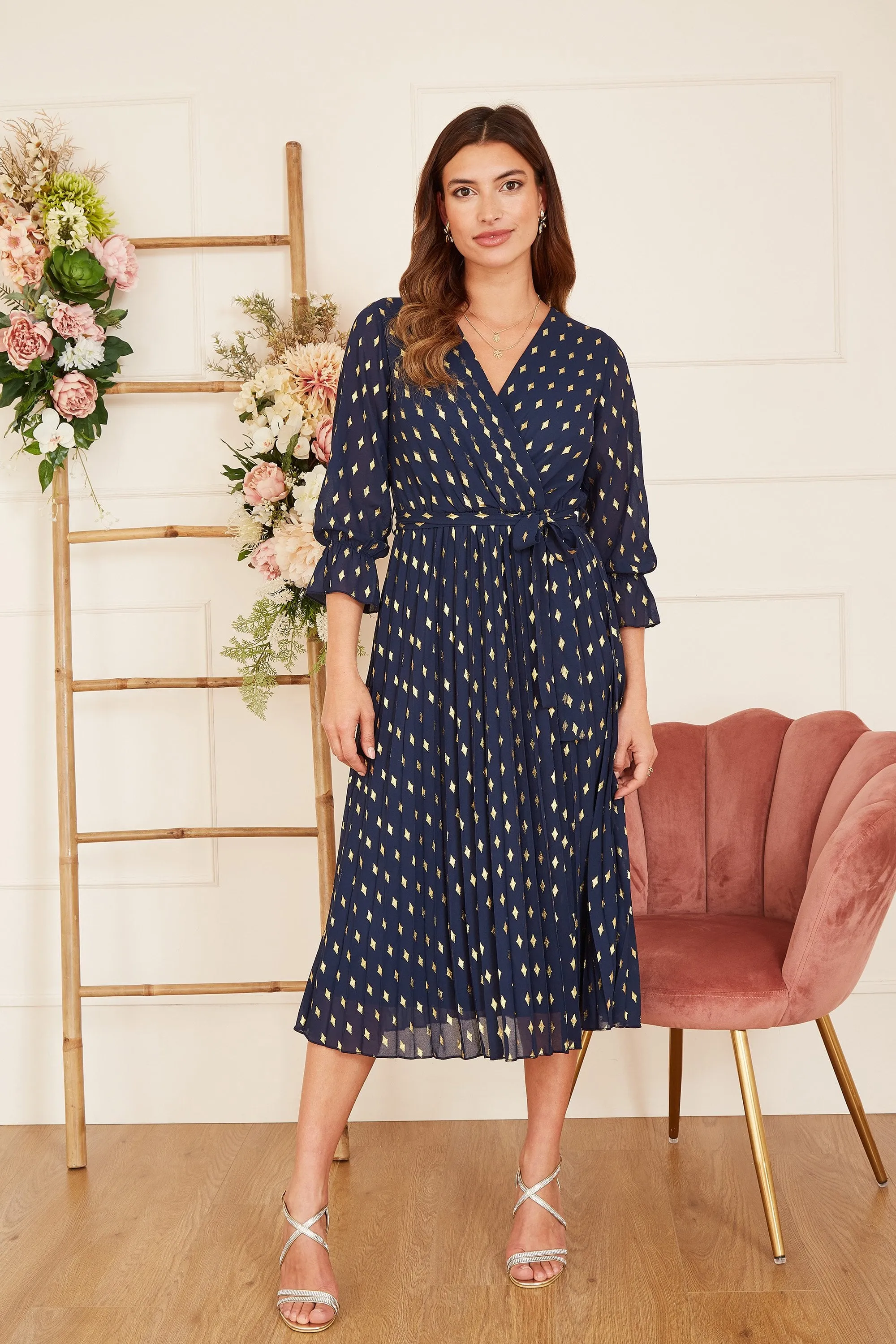 Yumi Navy Foil Printed Pleated Wrap Midi Dress