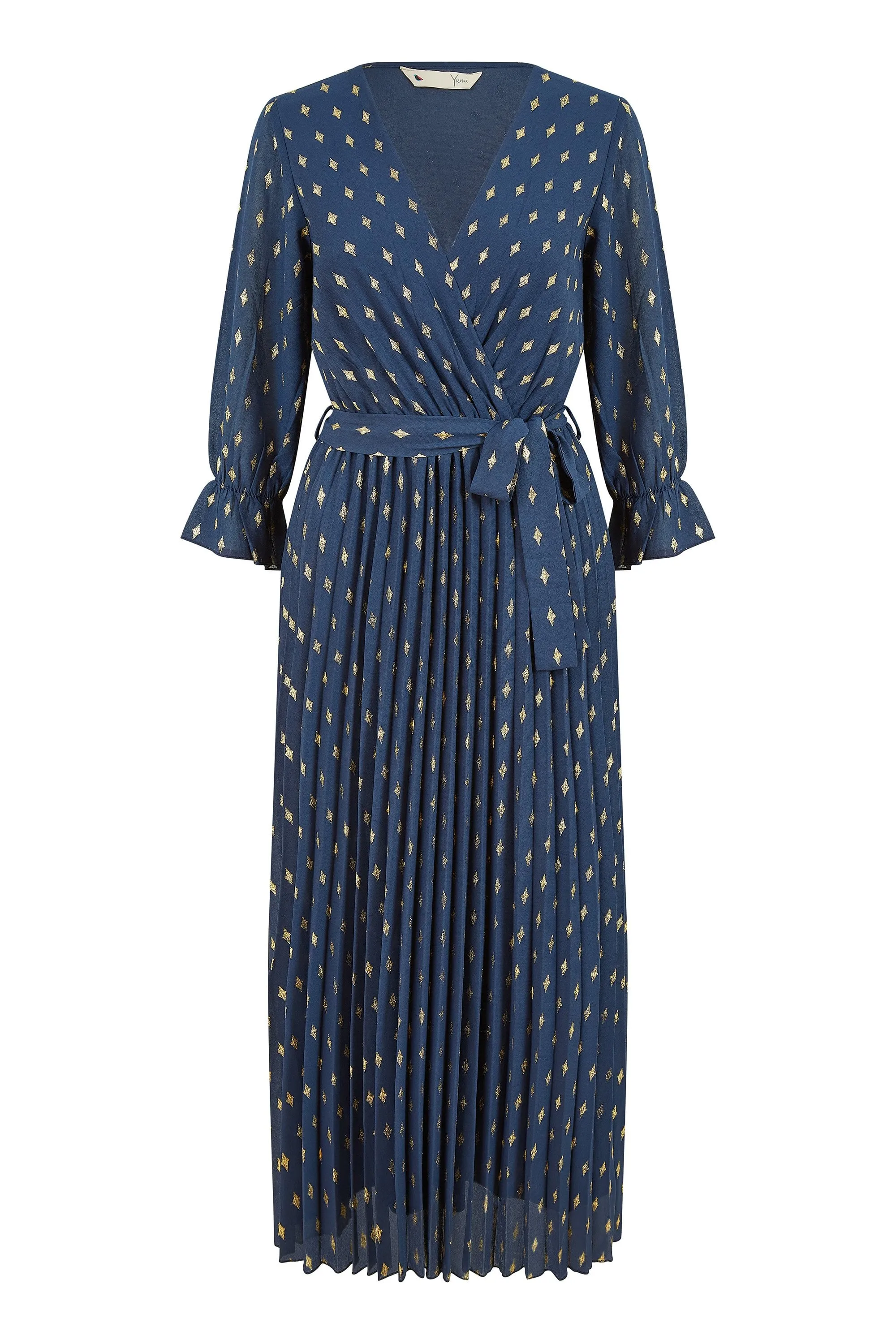 Yumi Navy Foil Printed Pleated Wrap Midi Dress